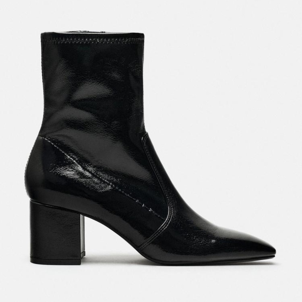 ZARA Faux Patent Black Ankle Block Heels Boots